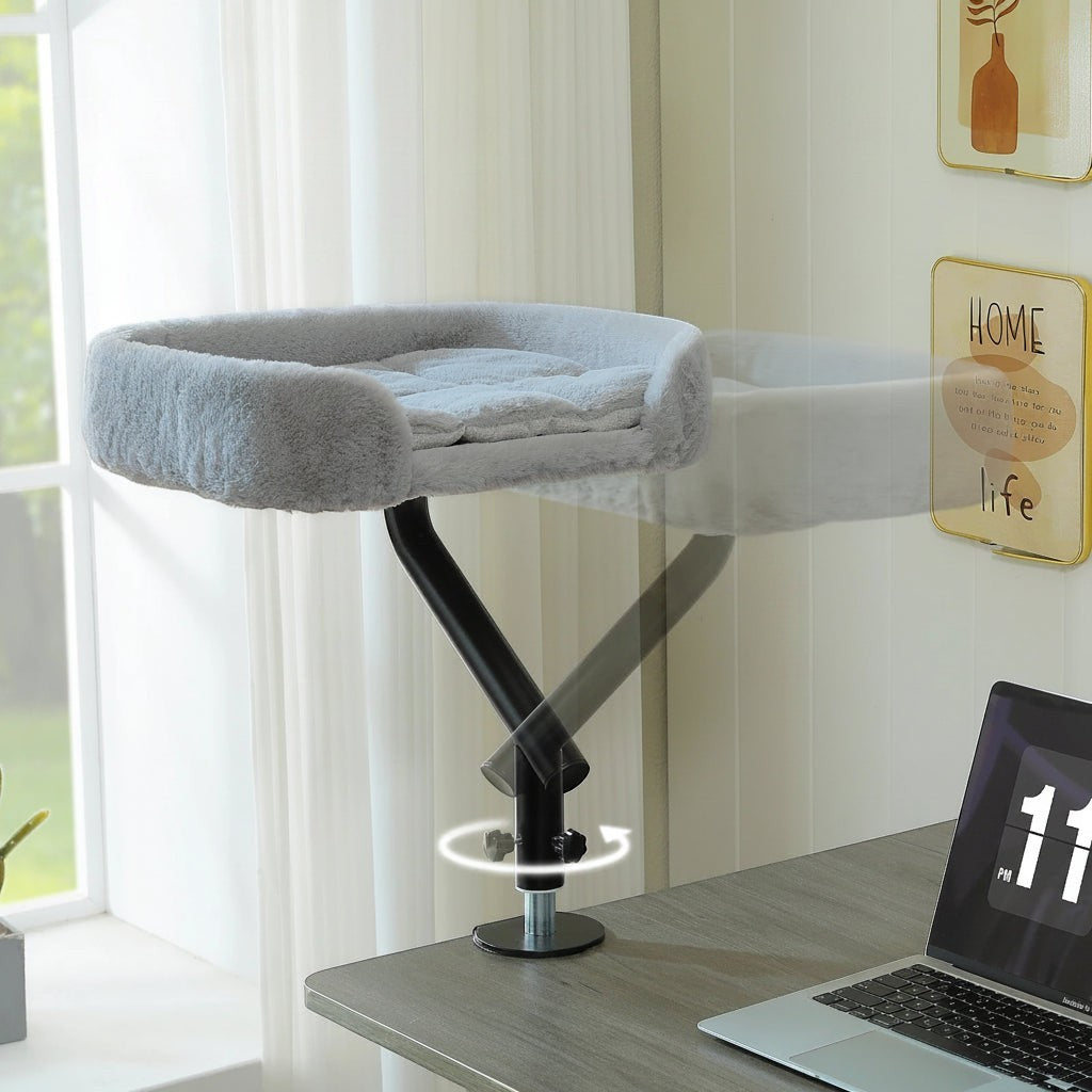 Hamac de bureau pivotant Oxford gris montrant la rotation du bras au-dessus du bureau pour chat – Bofélin