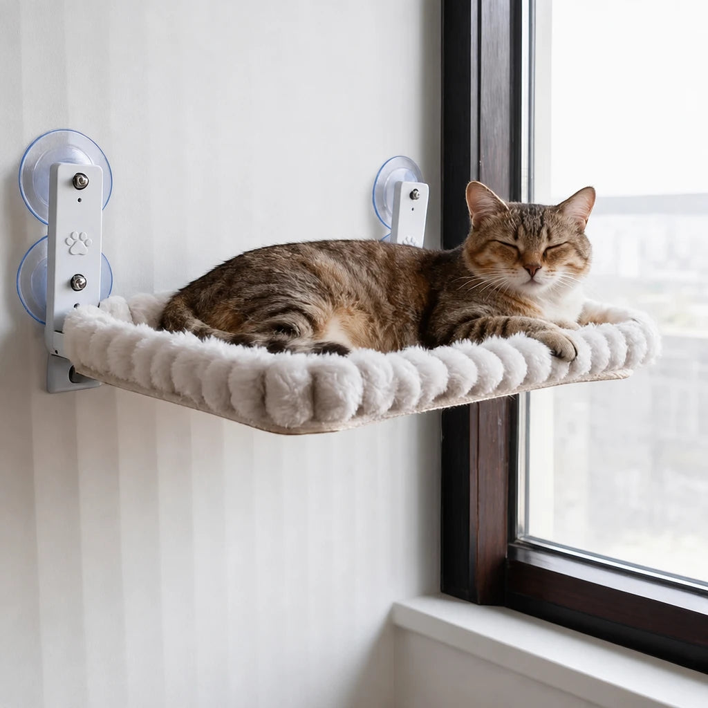 Chat tigré endormi sur le hamac de fenêtre Naples Bofélin fixé par ventouses
