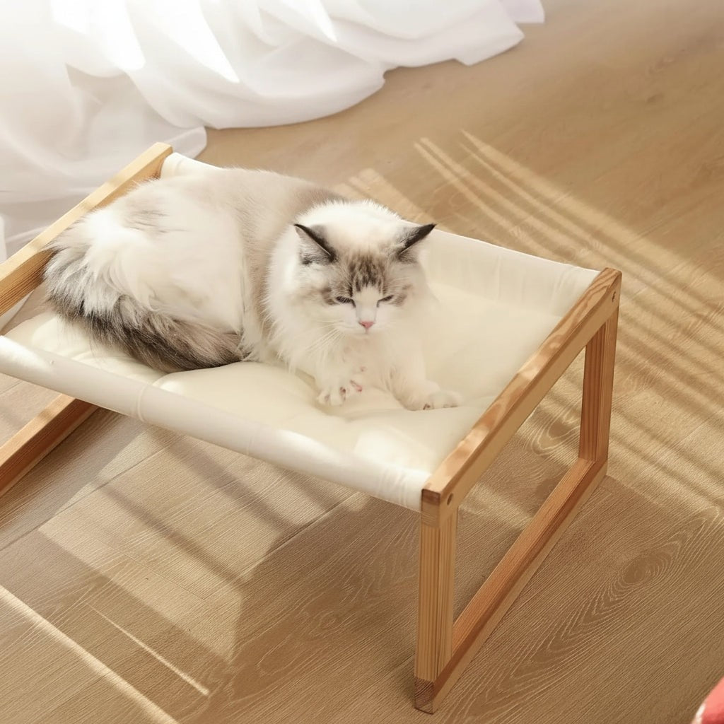 Chat ragdoll allongé sur le hamac sur pied Lucerne en bois dans un salon – Bofélin