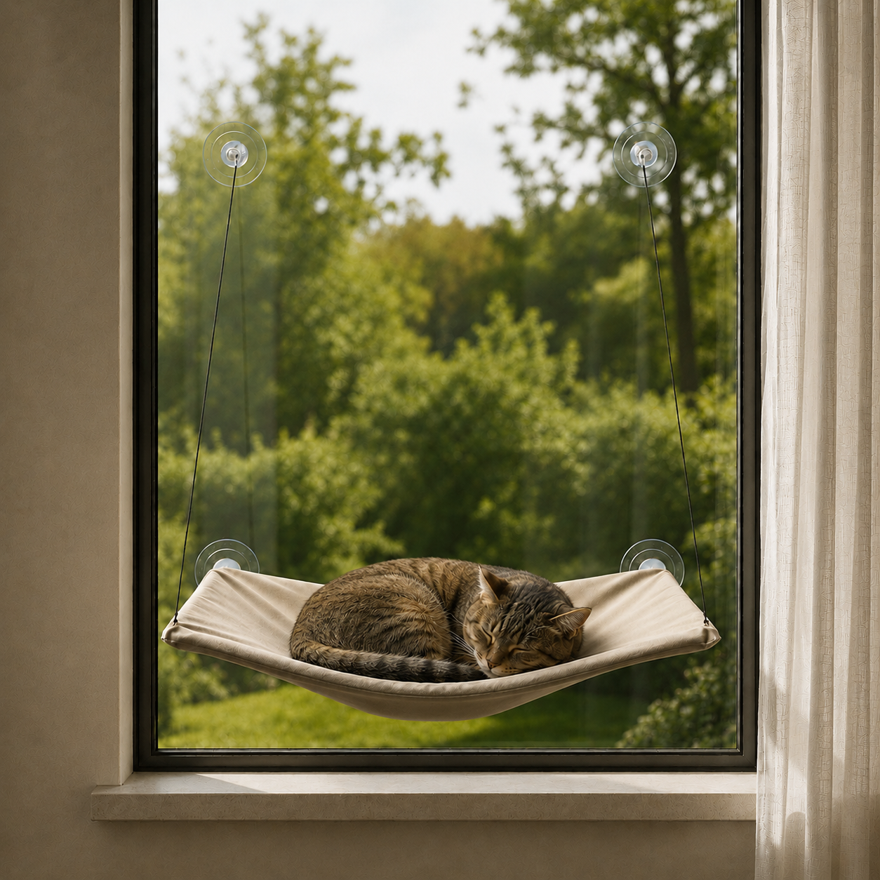 Chat tigré endormi dans le hamac de fenêtre Capri beige face au jardin – Bofélin Image