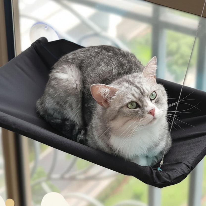 Chat gris allongé dans le hamac de fenêtre pour chat Capri noir – Bofélin