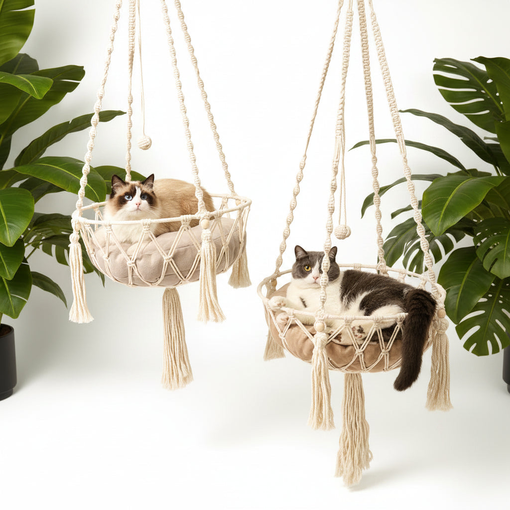Deux chats installés dans des hamacs suspendus pour chat Cadix en macramé – Bofélin