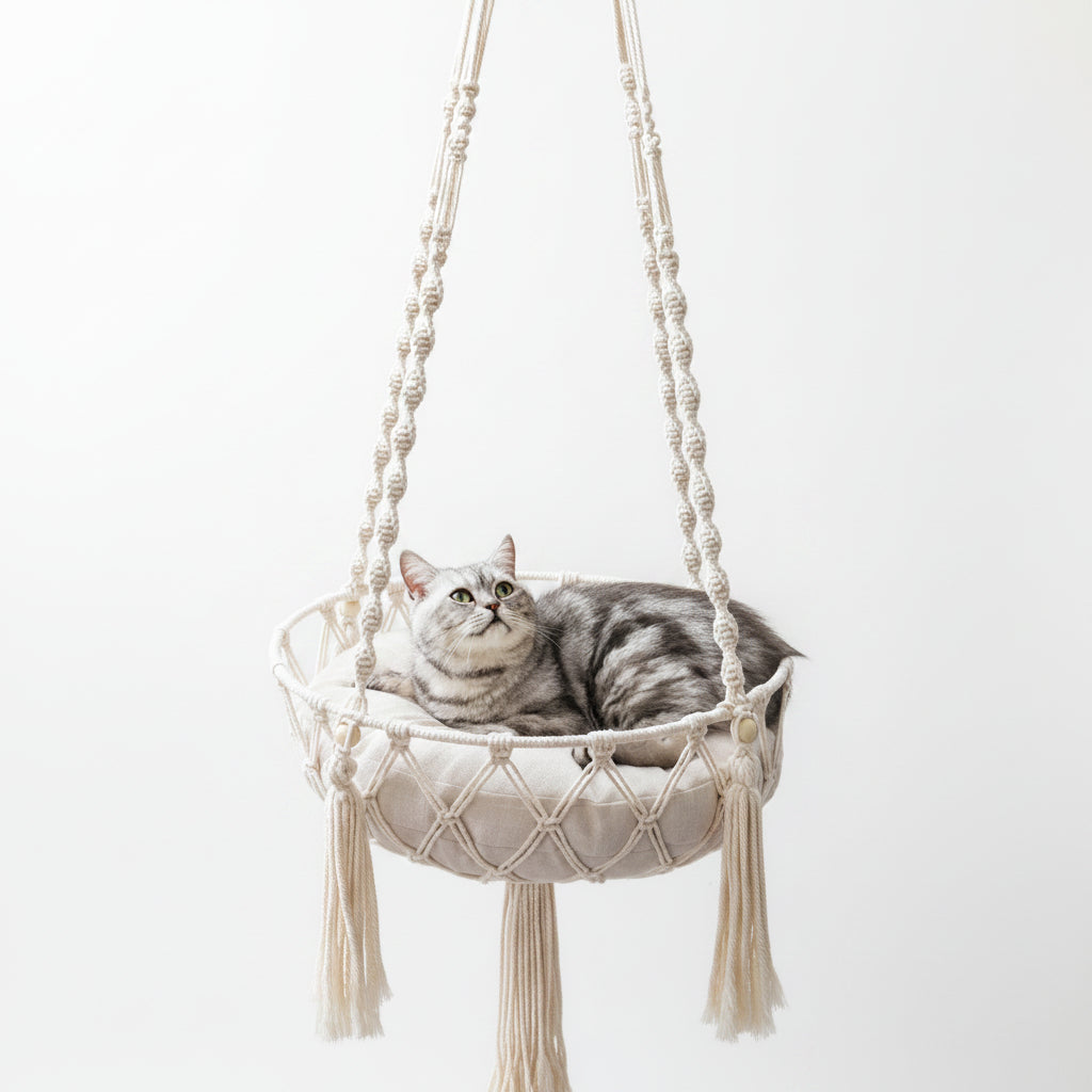 Hamacs suspendus pour chat Cadix en macramé en décor bohème avec chat – Bofélin
