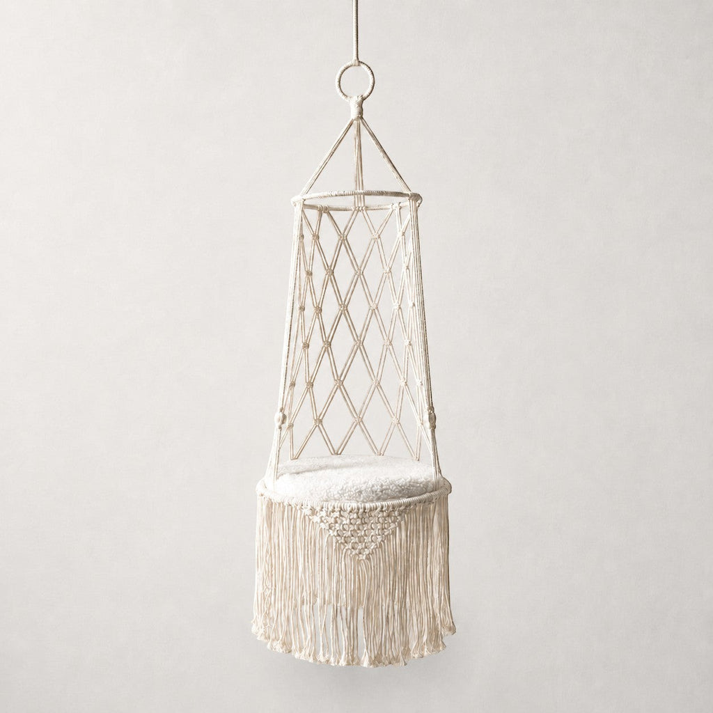 Hamac suspendu en macramé pour chat Nice, coussin blanc et franges – Bofélin