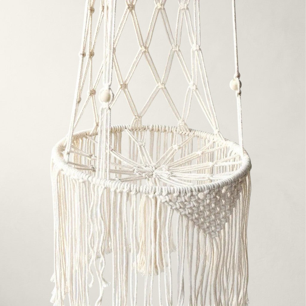 Vue de dessus du hamac en macramé pour chat Nice et ses longues franges – Bofélin