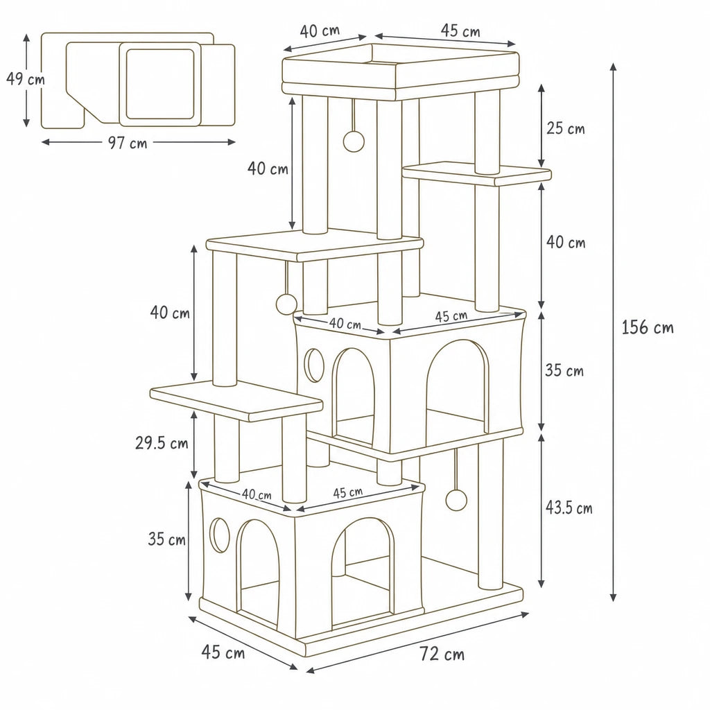 Dimensions de maine coon arbre à chat Domus Bofélin, schéma coté