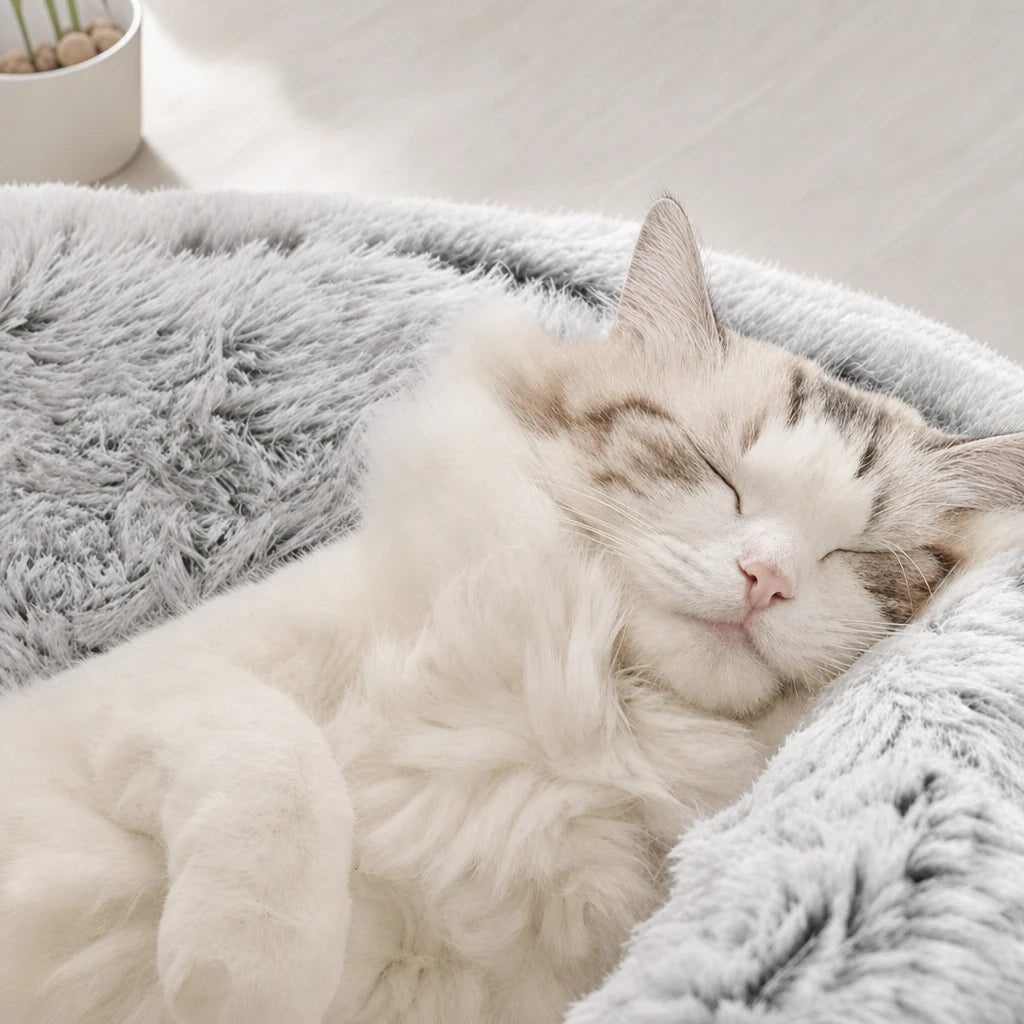Chat blanc endormi dans la niche chaude Salerne Bofélin en fausse fourrure grise