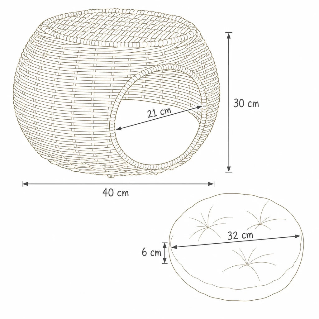 Dimensions de niche pour chat intérieur Grenade Bofélin, schéma coté