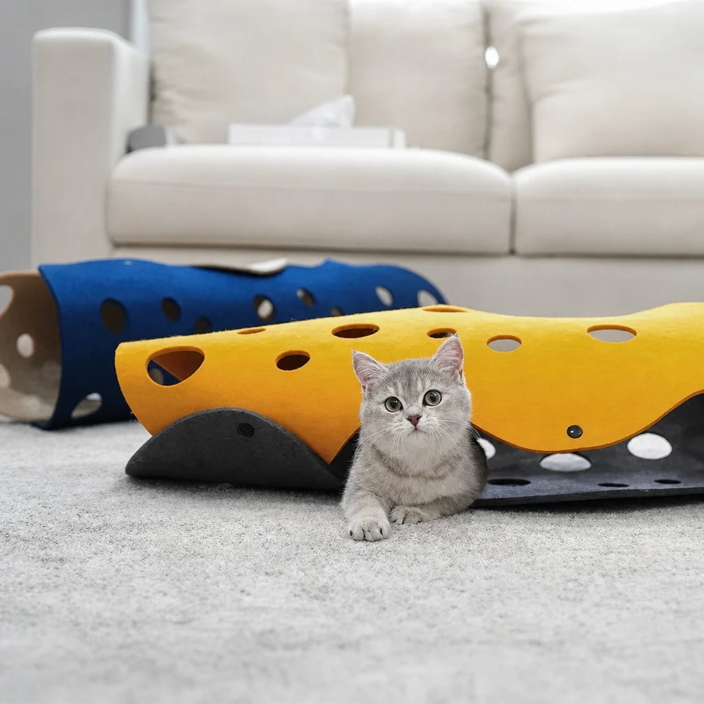 Chaton gris dans le tunnel de jeu en feutre Livourne Bofélin jaune et bleu, au pied d'un canapé